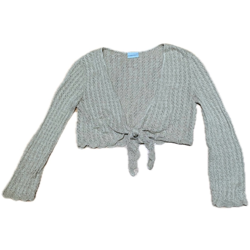 Fashion Bug Beige & Gold Metallic Tie-Front Cardigan (Size M)